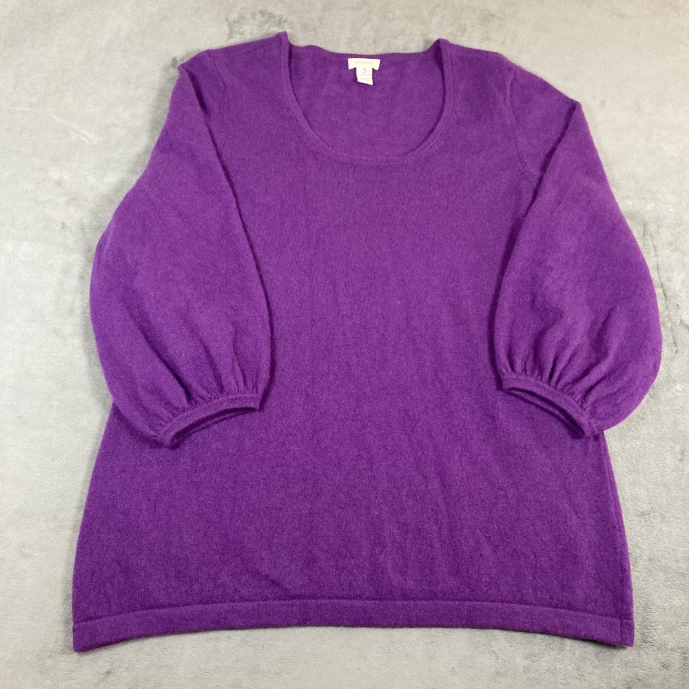 Chicos Purple 100% Cashmere Sweater Scoop Neck 3/4 Balloon Sleeve Size 3 XL